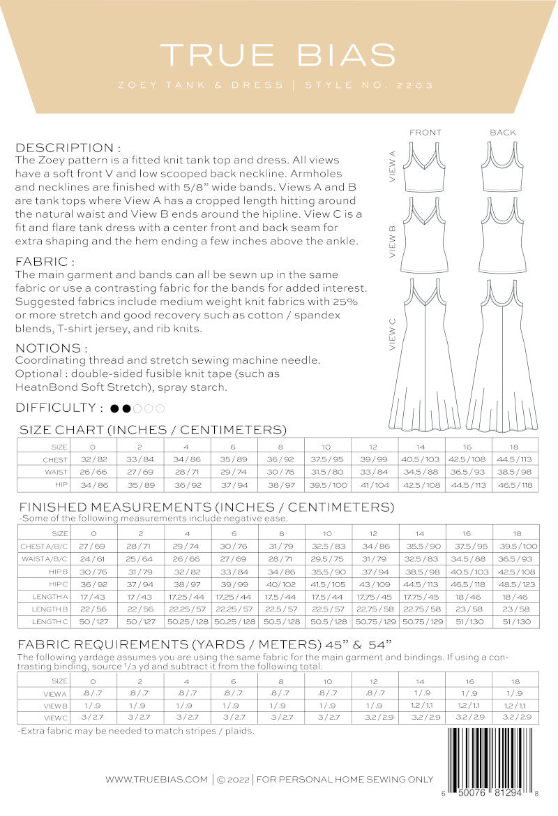 True Bias Zoey Tank & Dress Sizes 0-18