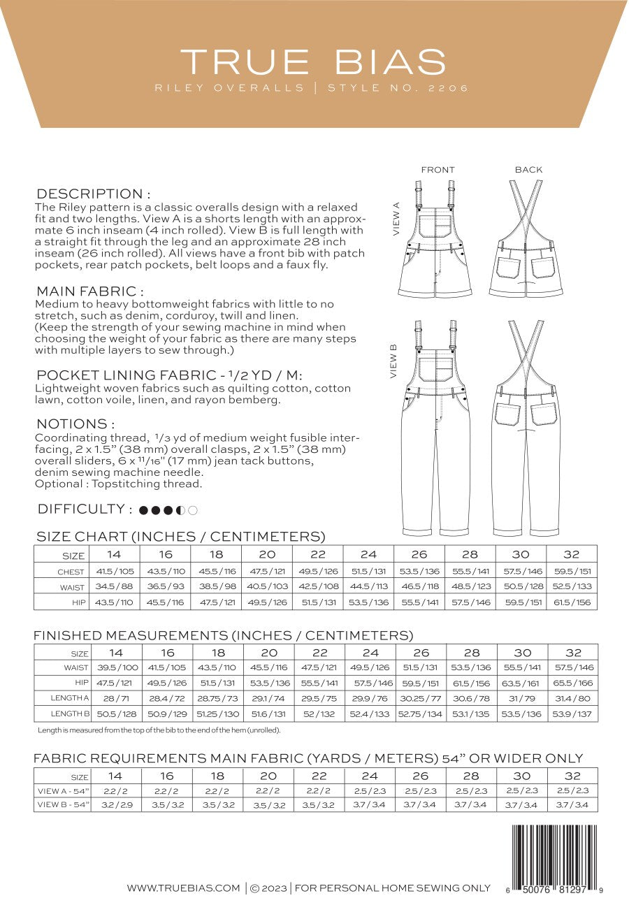 True Bias Riley Overall Sizes 14-32