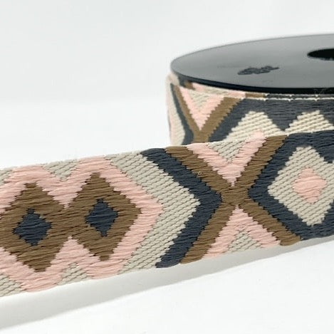 40mm Tribal Webbing - Pink/Grey/Taupe/Ecru